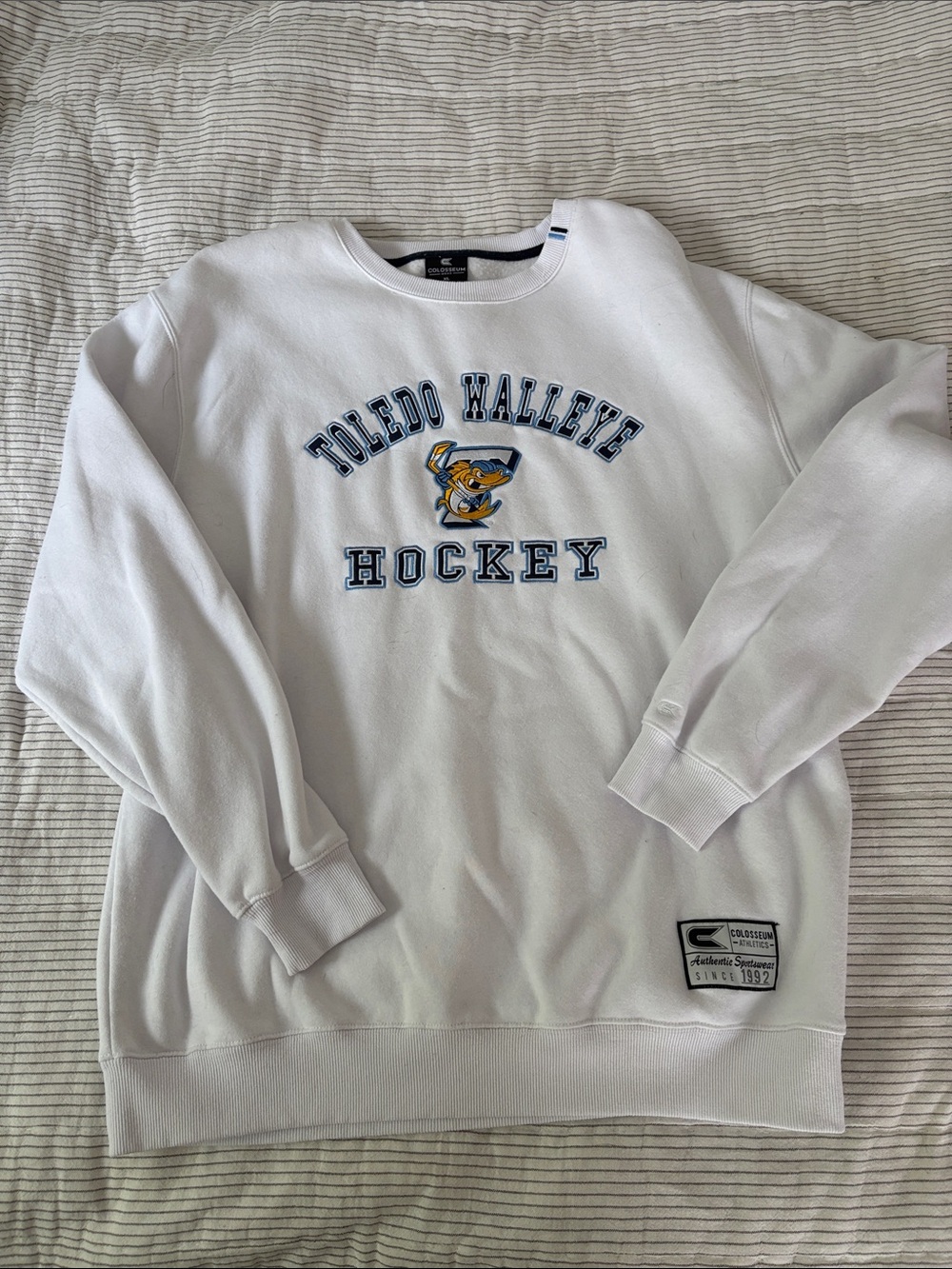 Embroidered Toledo Walleye Hockey White Crewneck Sweatshirt
